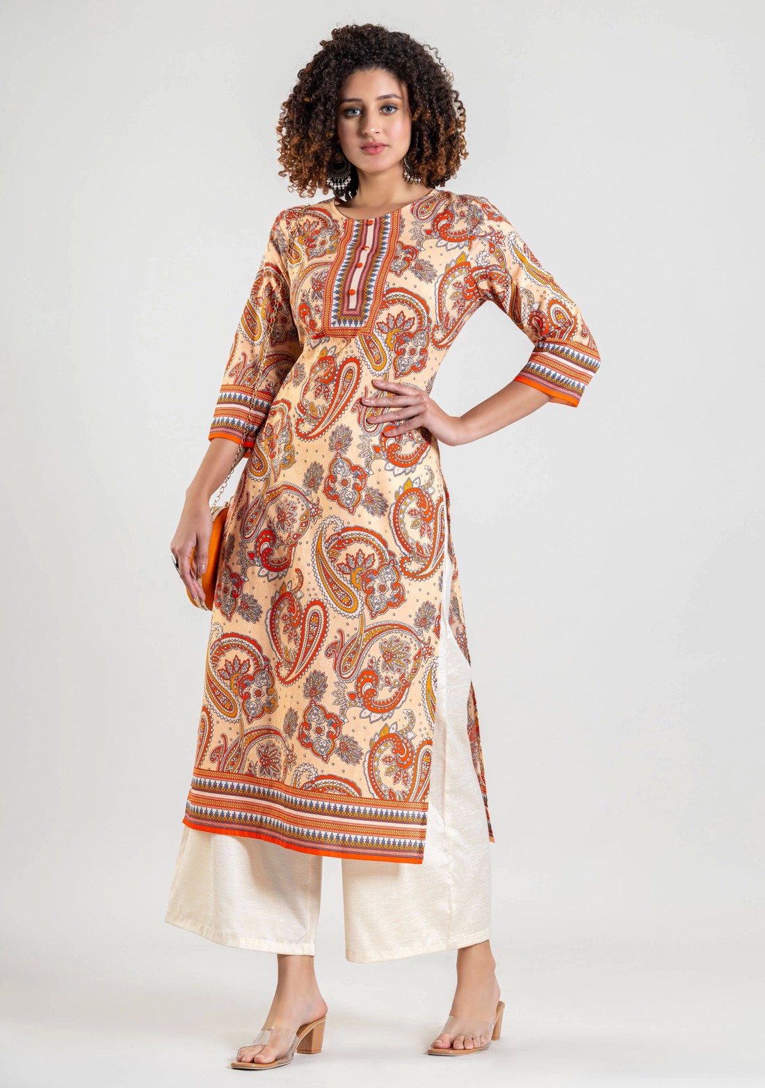 Beige Ethnic Print Cotton Straight Kurta