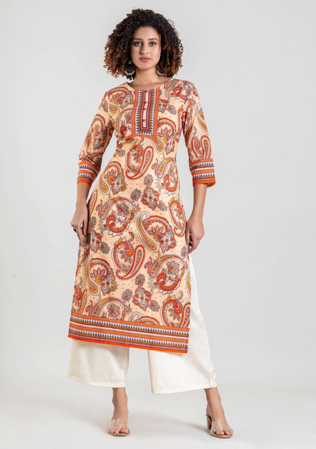 Beige Ethnic Print Cotton Straight Kurta