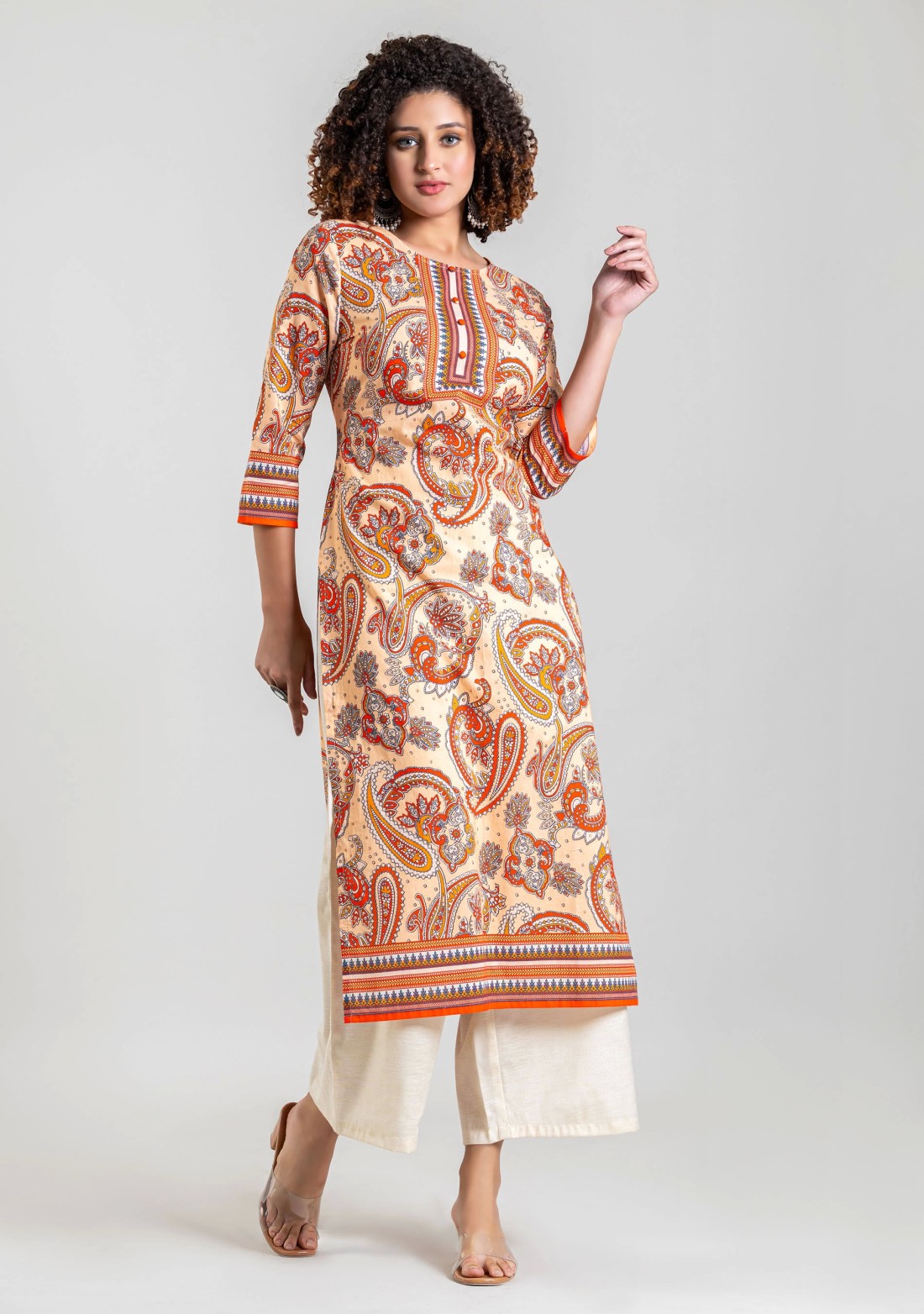 Beige Ethnic Print Cotton Straight Kurta