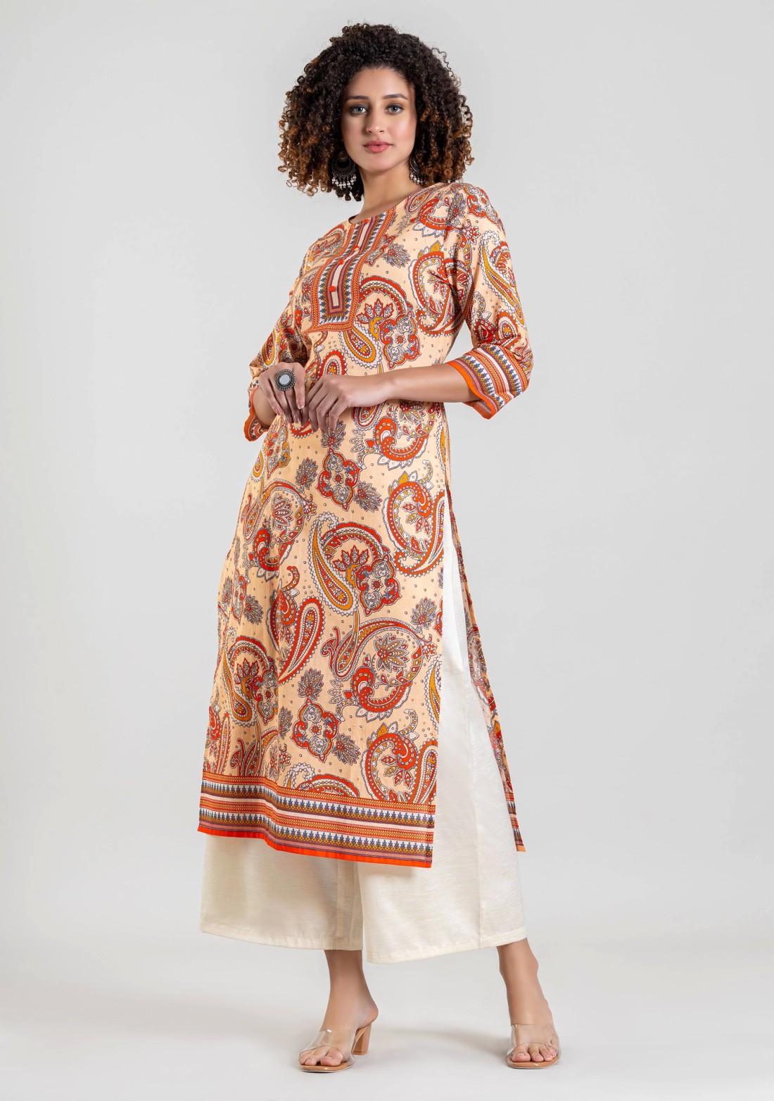 Beige Ethnic Print Cotton Straight Kurta