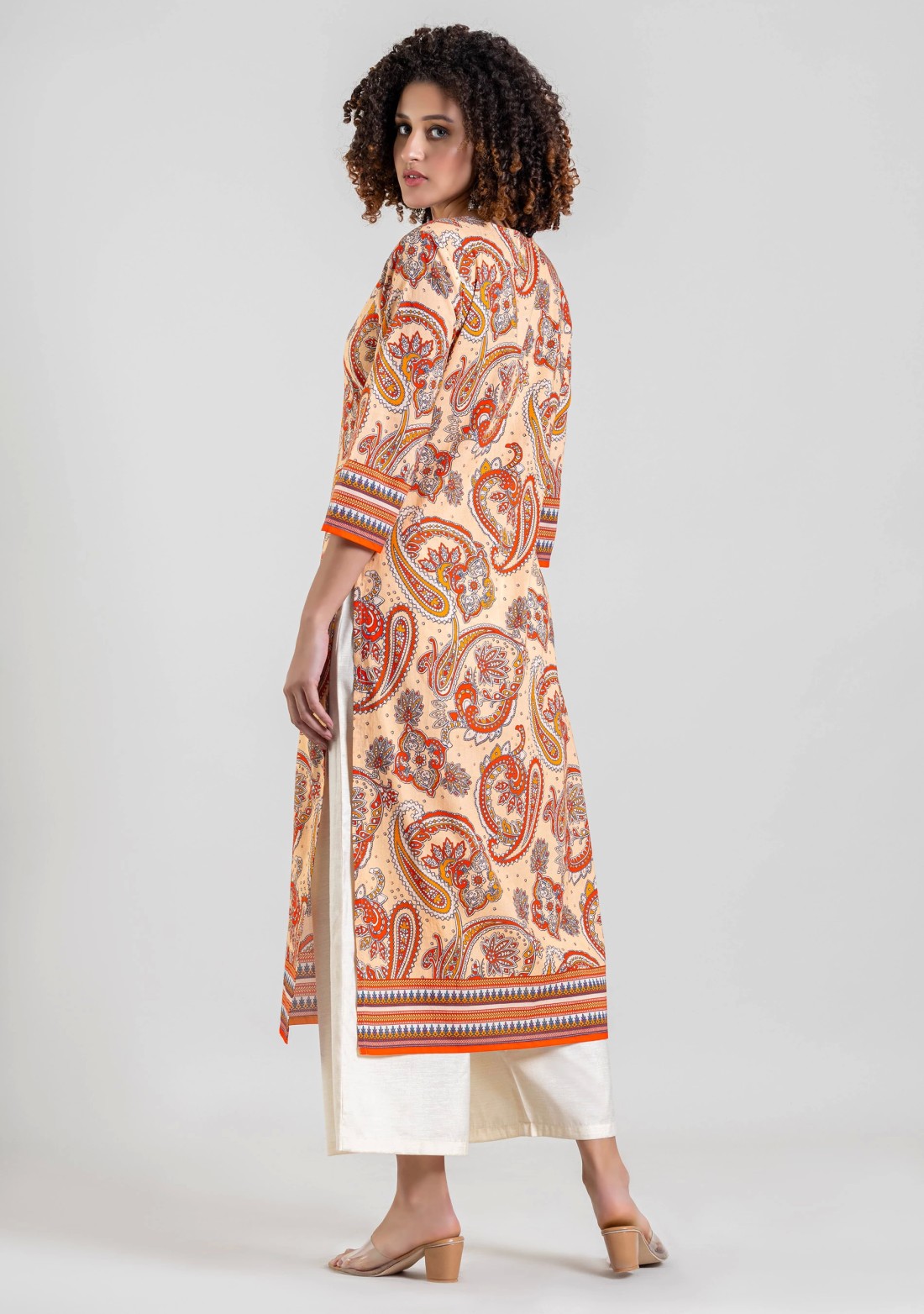 Beige Ethnic Print Cotton Straight Kurta