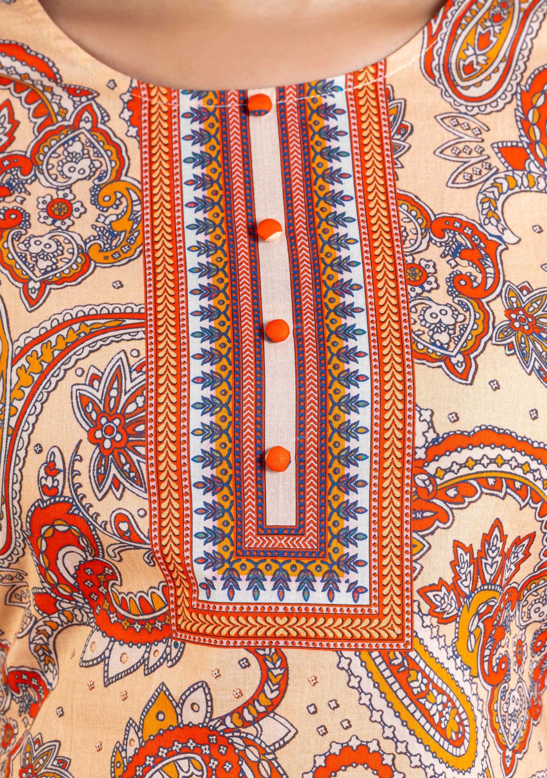 Beige Ethnic Print Cotton Straight Kurta