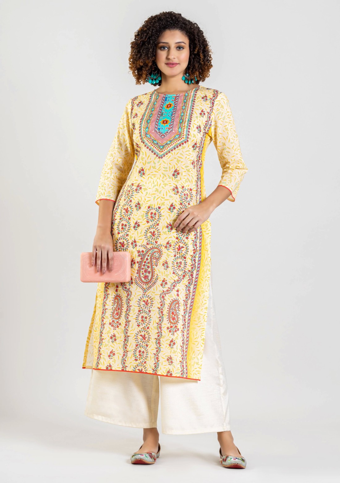 Cream Ethnic Print Straight Cotton Kurta