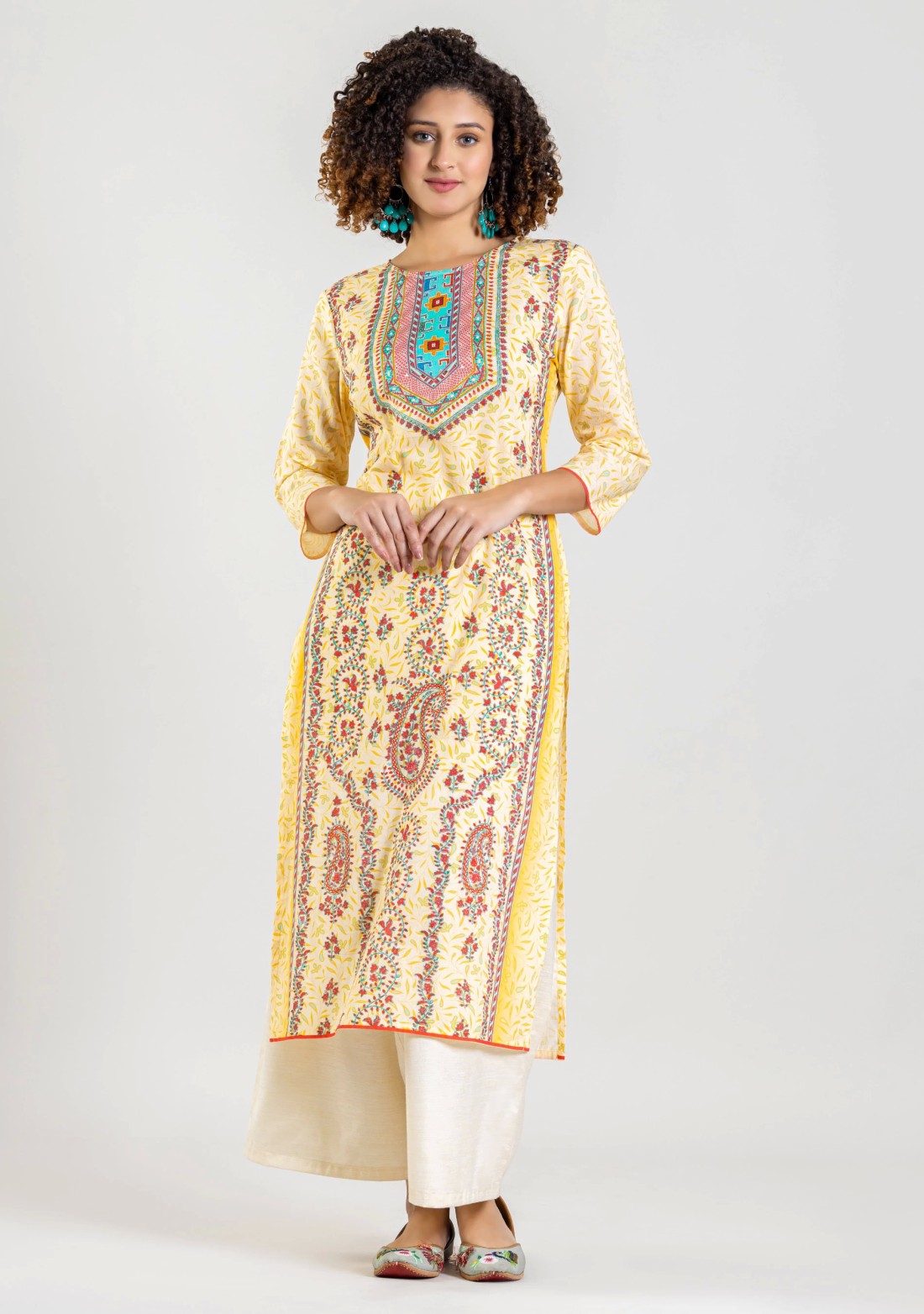 Cream Ethnic Print Straight Cotton Kurta