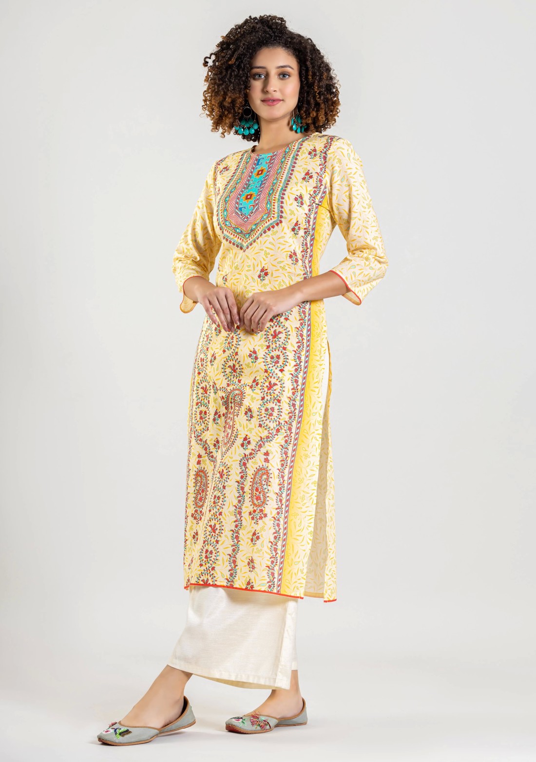 Cream Ethnic Print Straight Cotton Kurta