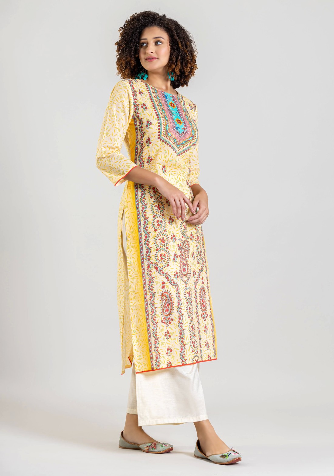 Cream Ethnic Print Straight Cotton Kurta