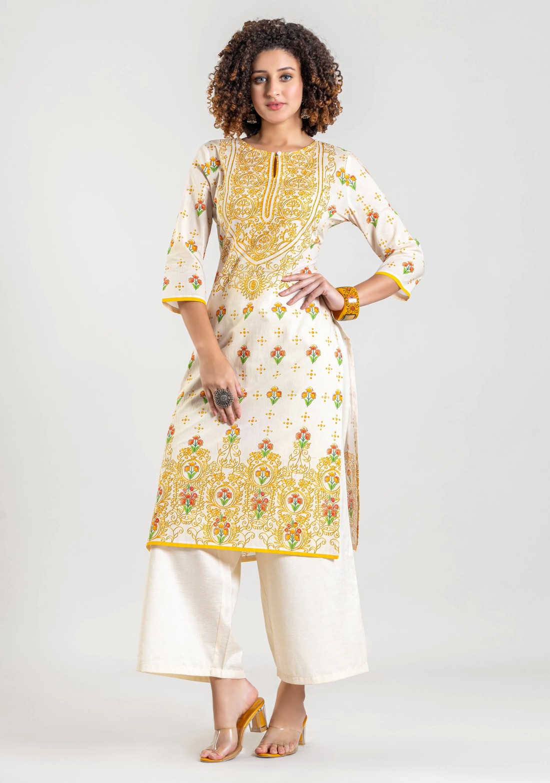 White Floral Print Cotton Straight Kurta