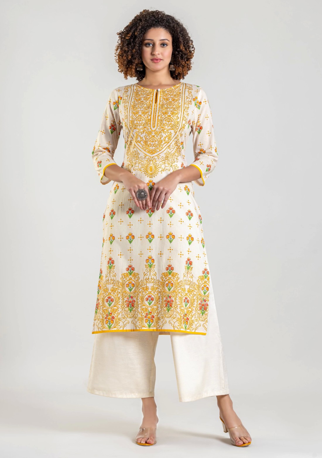 White Floral Print Cotton Straight Kurta