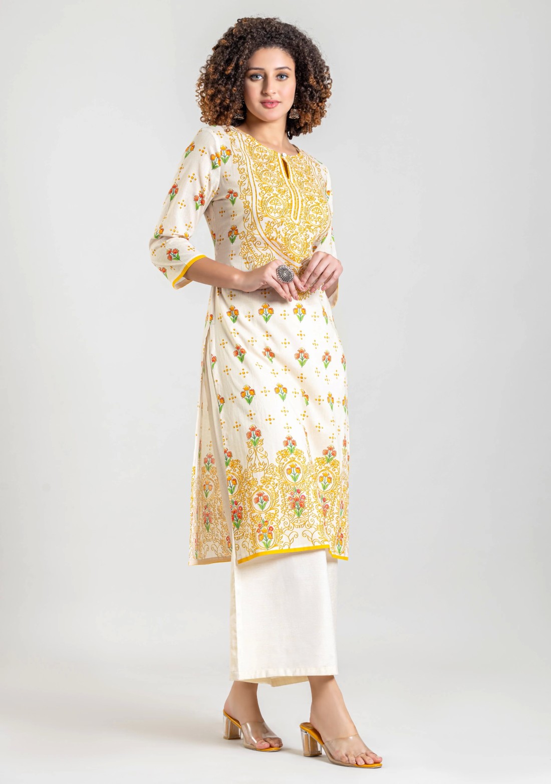 White Floral Print Cotton Straight Kurta