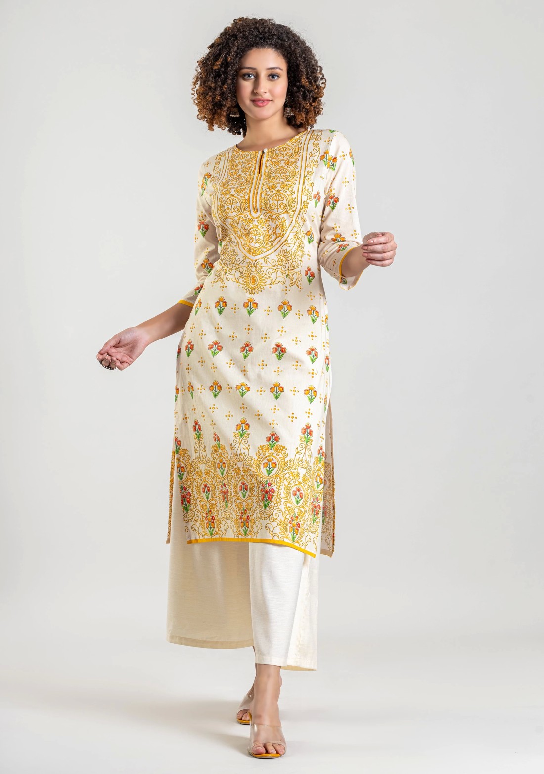 White Floral Print Cotton Straight Kurta