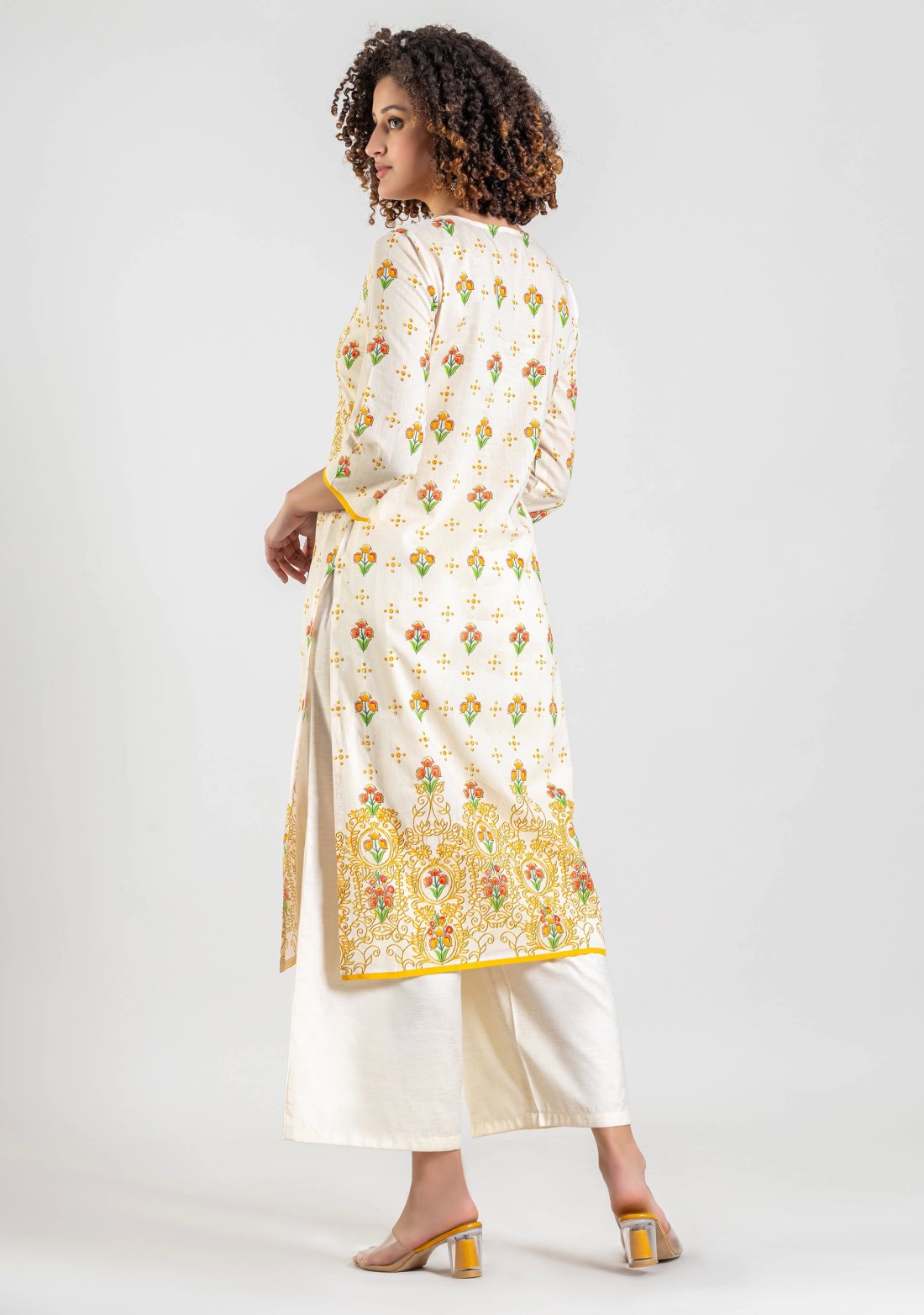 White Floral Print Cotton Straight Kurta