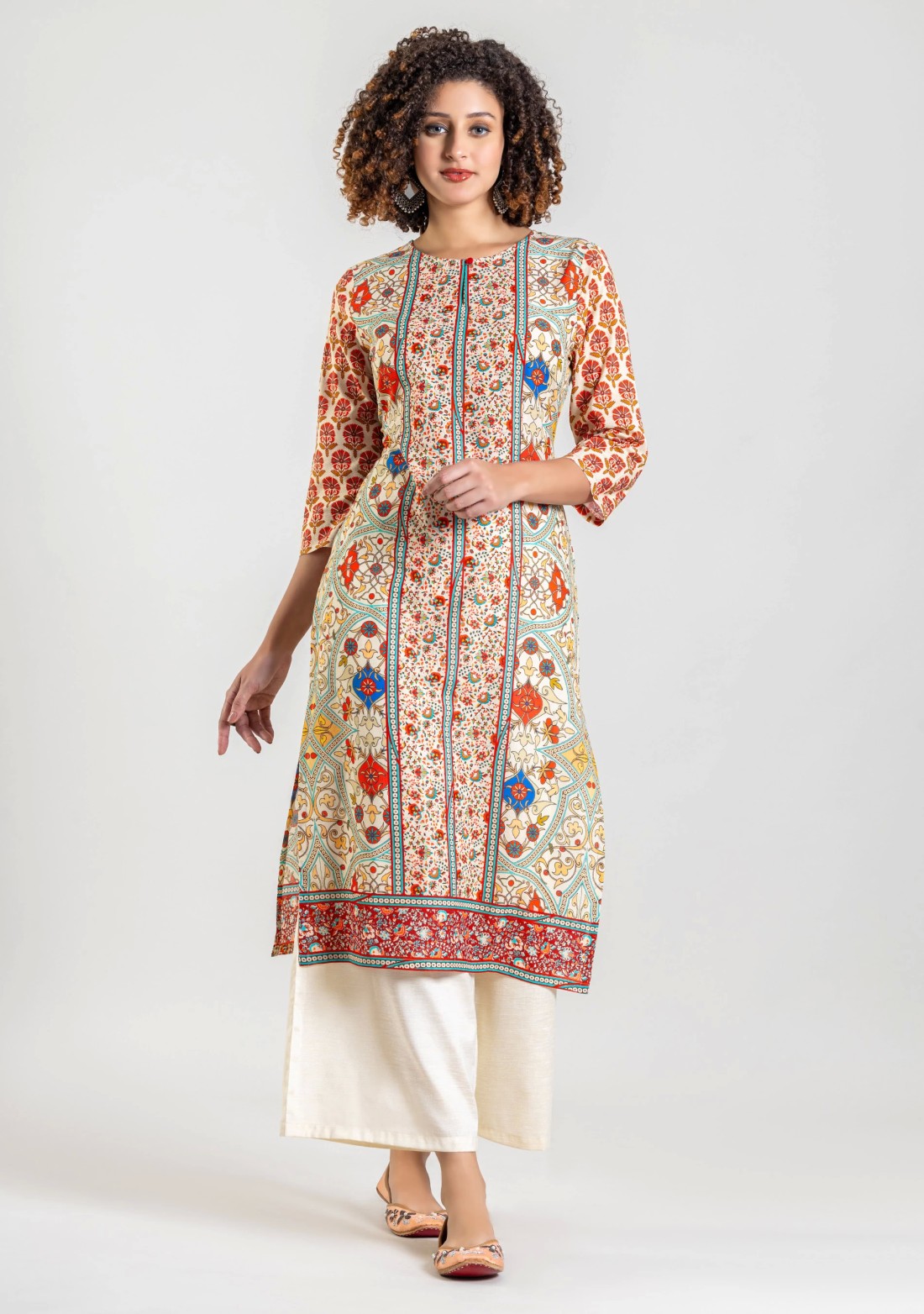 Multi Colour Ethnic Print Cotton Straight Kurta