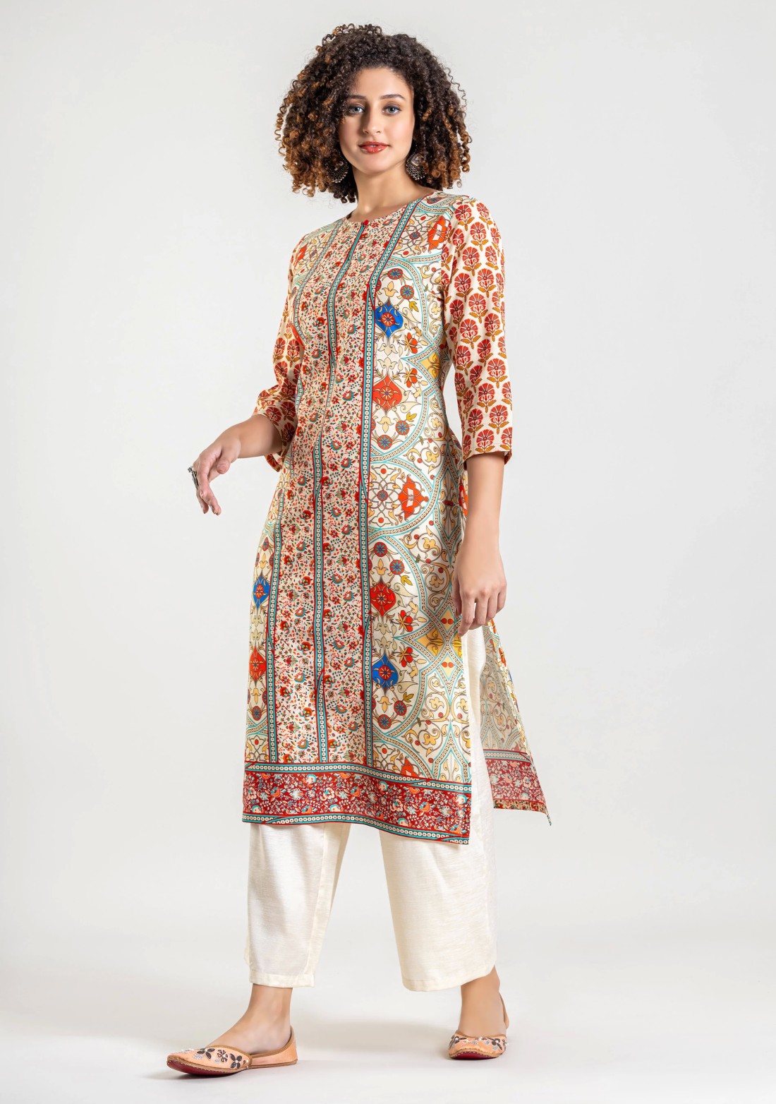 Multi Colour Ethnic Print Cotton Straight Kurta