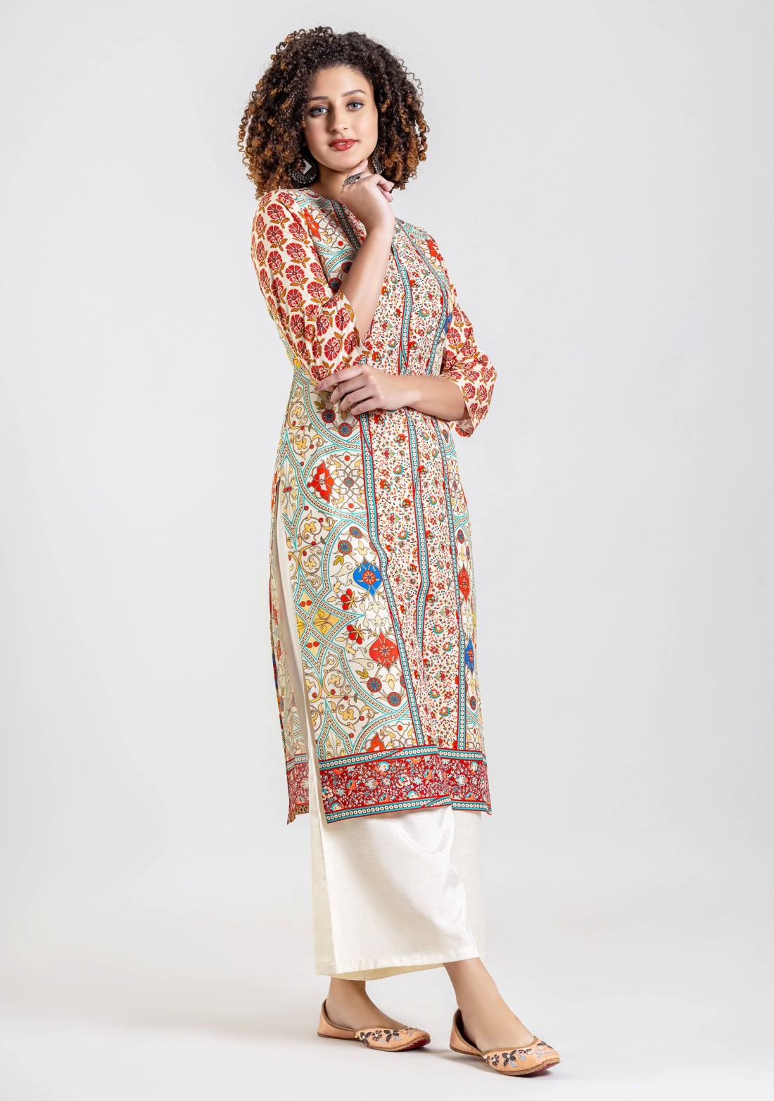 Multi Colour Ethnic Print Cotton Straight Kurta