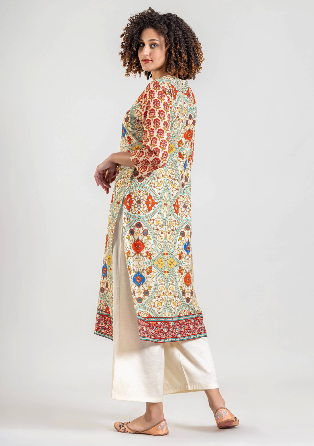 Multi Colour Ethnic Print Cotton Straight Kurta