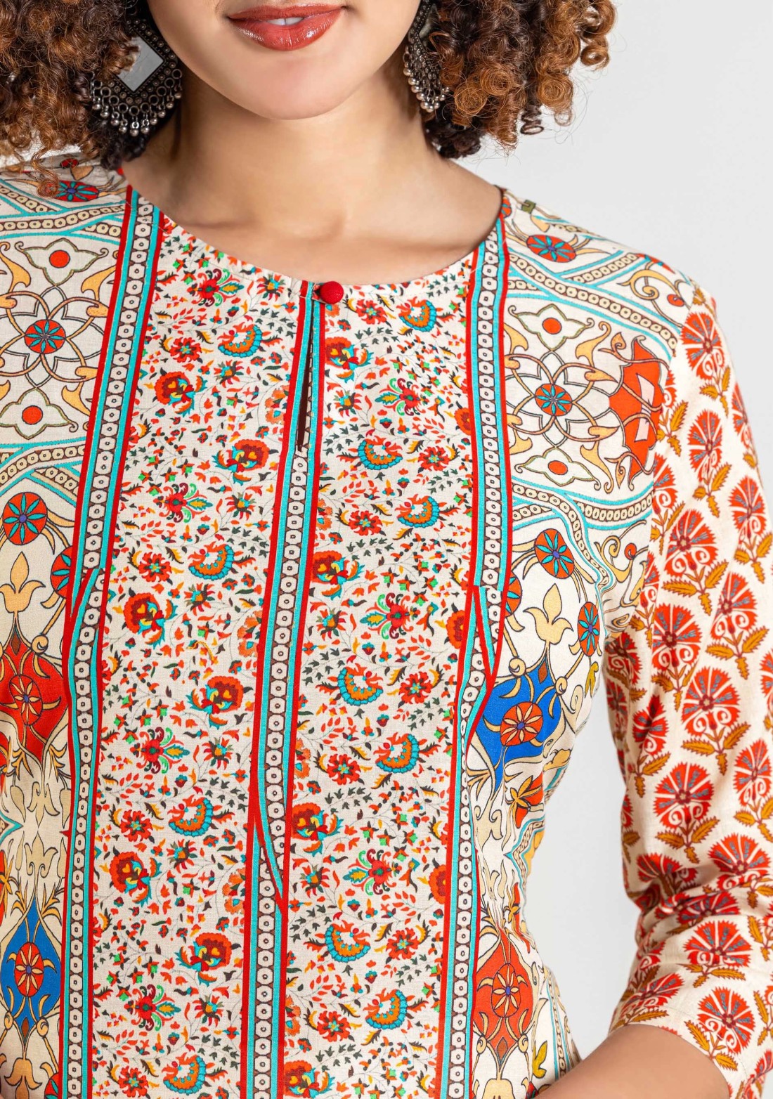 Multi Colour Ethnic Print Cotton Straight Kurta