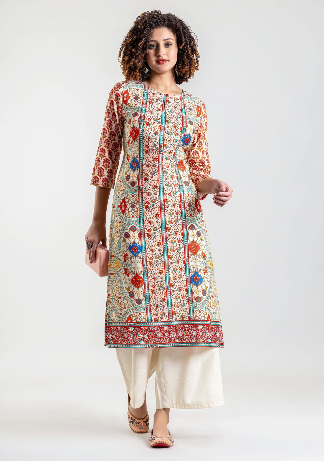 Multi Colour Ethnic Print Cotton Straight Kurta