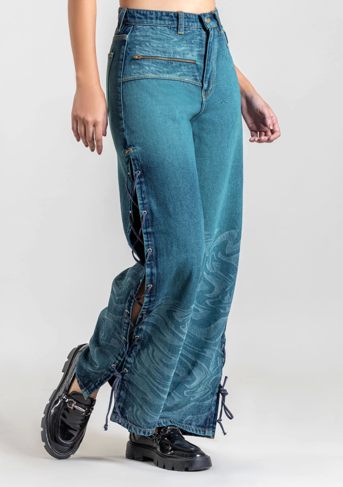 Blue Side Slit Wide Leg Jeans