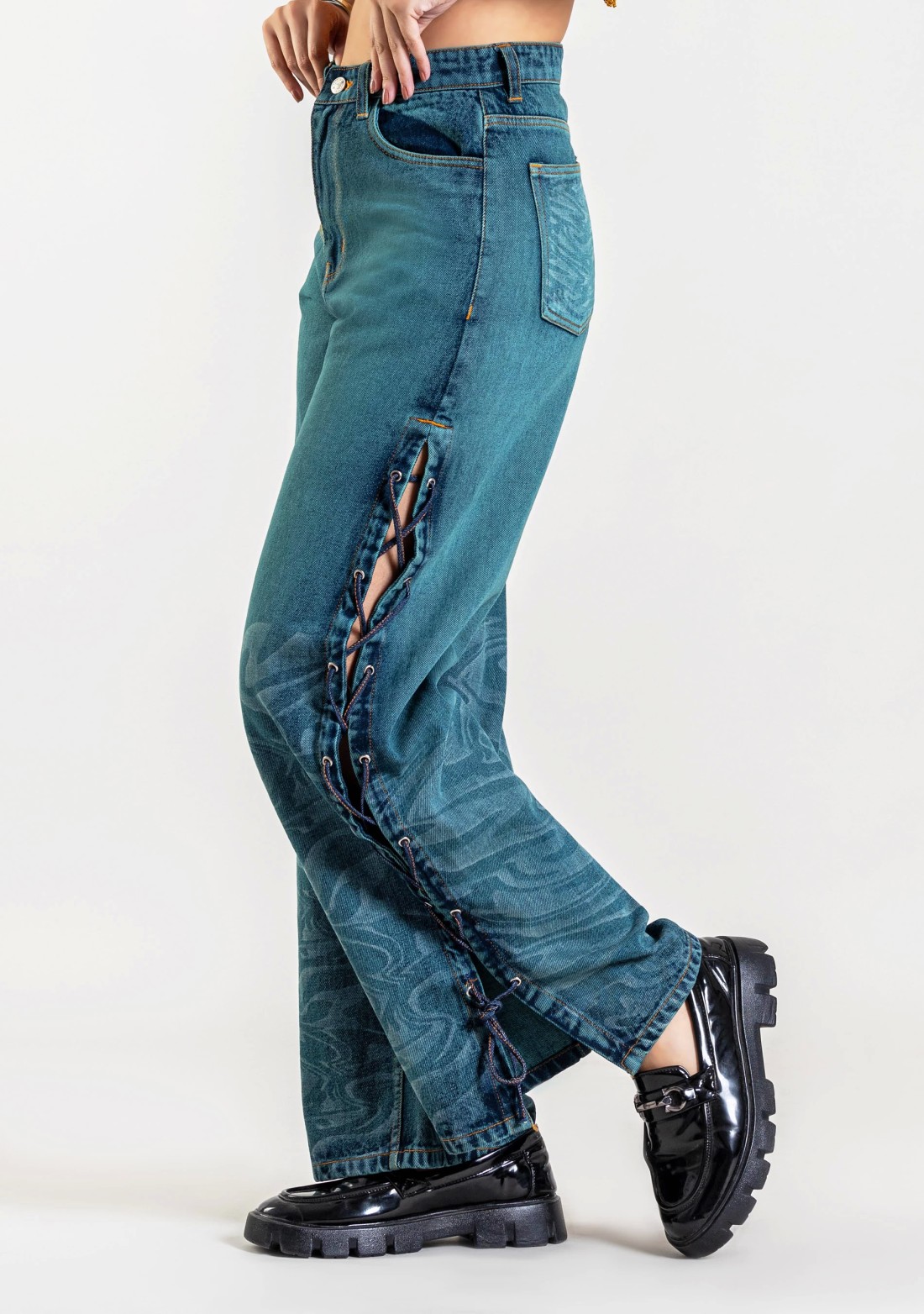 Blue Side Slit Wide Leg Jeans