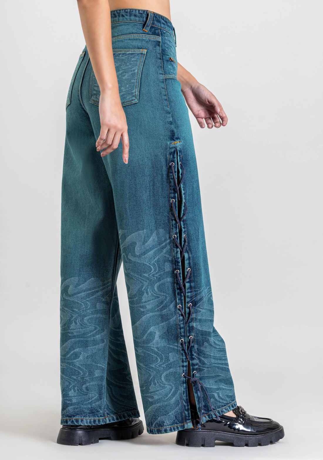 Blue Side Slit Wide Leg Jeans