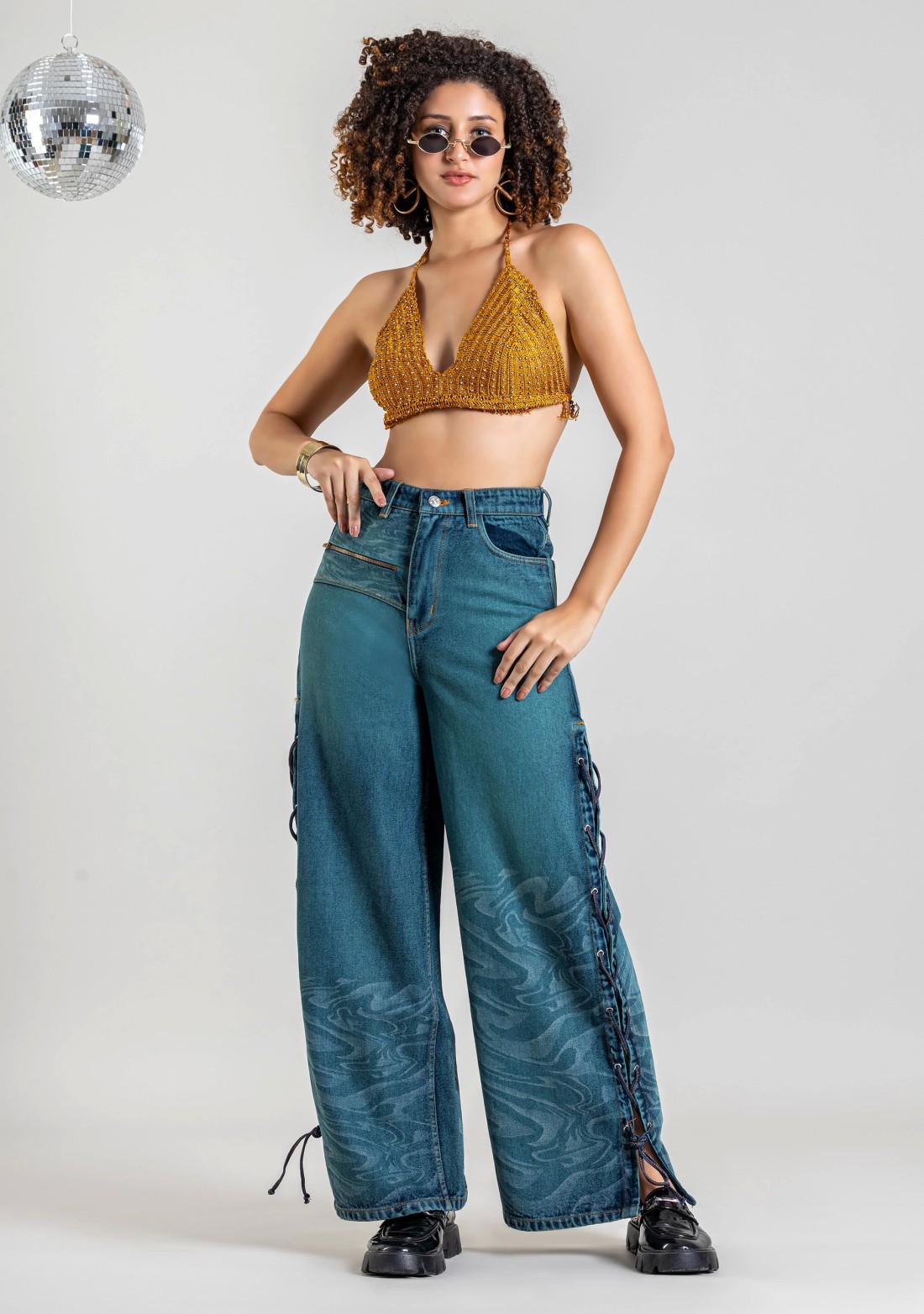 Blue Side Slit Wide Leg Jeans