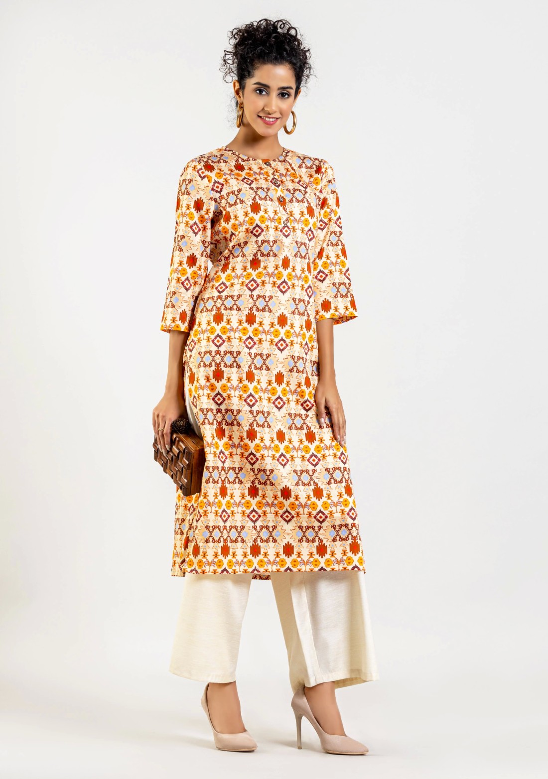 Soft Beige Navajo Print Cotton Straight Kurta