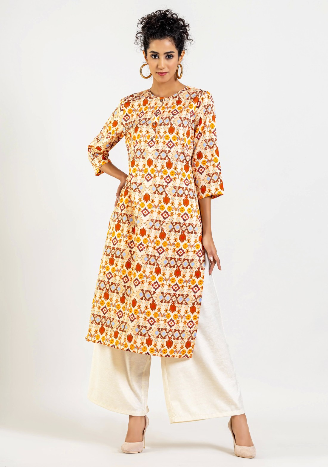 Soft Beige Navajo Print Cotton Straight Kurta