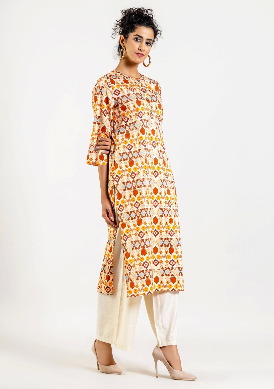 Soft Beige Navajo Print Cotton Straight Kurta