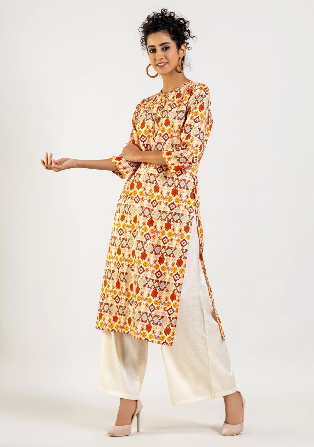 Soft Beige Navajo Print Cotton Straight Kurta