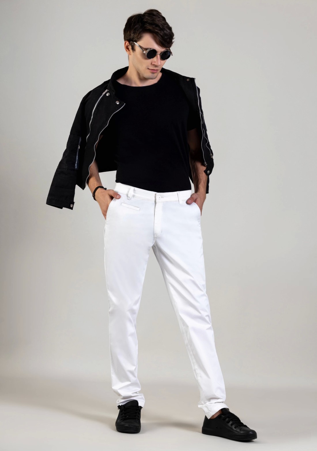 White Regular Fit  Men's Cotton Casual Trousers