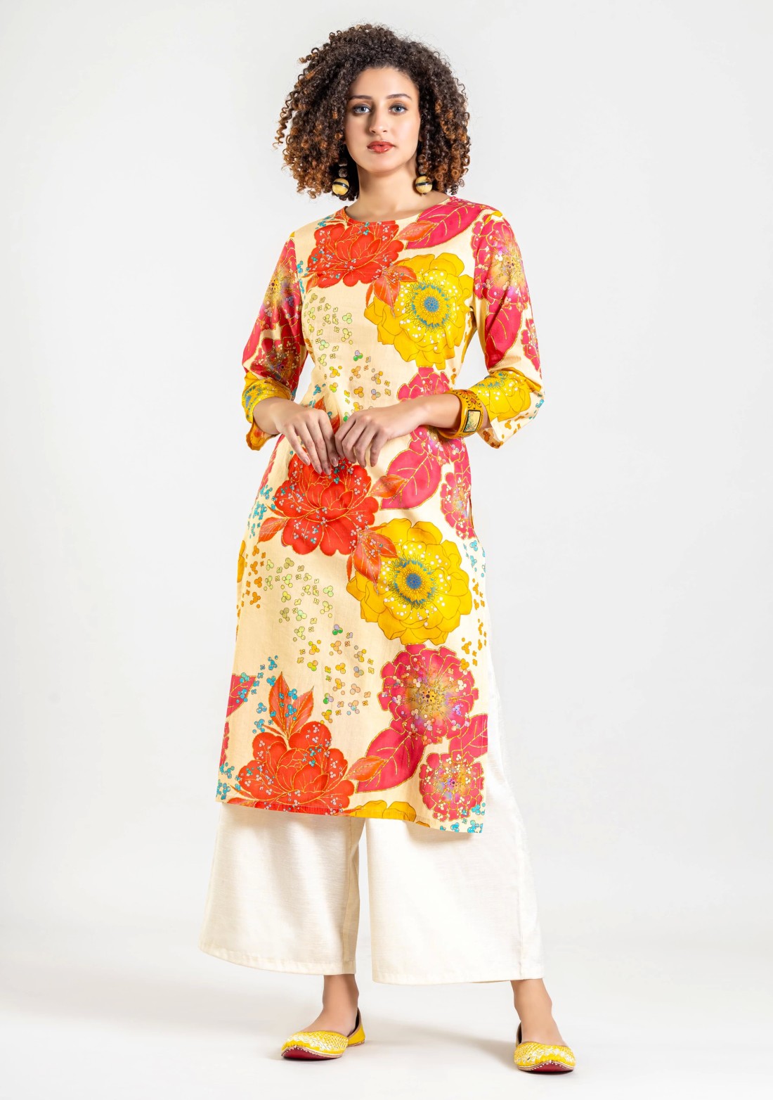 Multi Colour Big Floral Print Cotton Straight Kurta