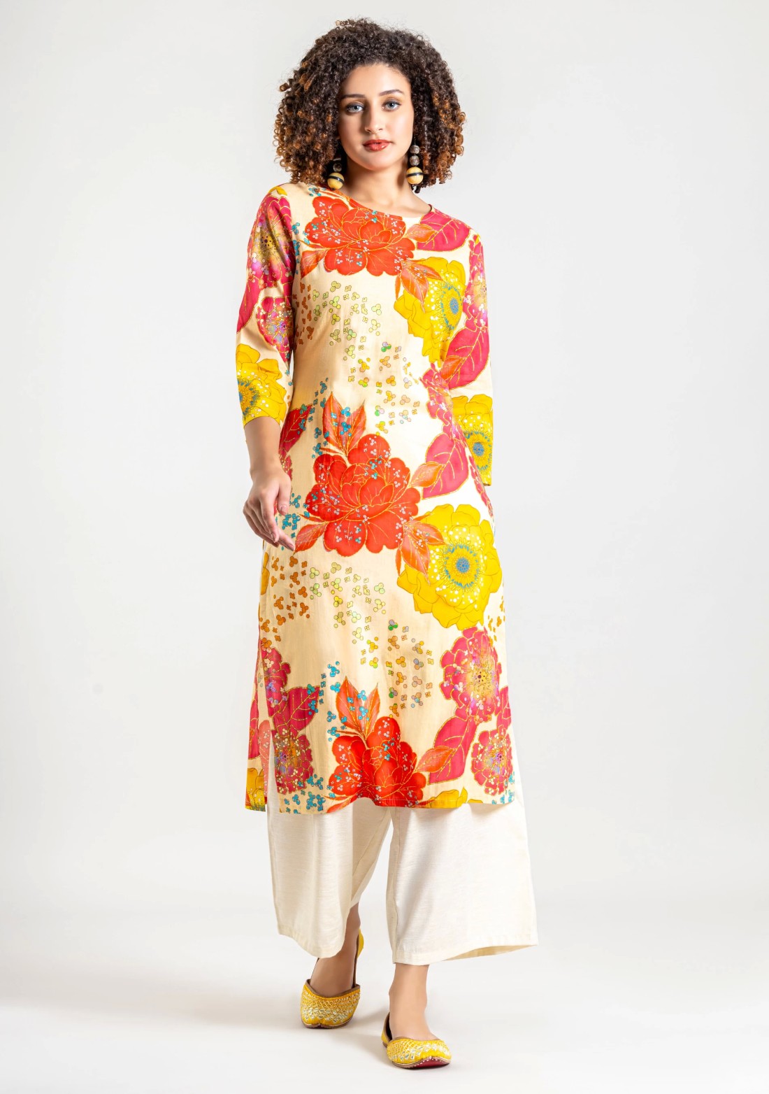 Multi Colour Big Floral Print Cotton Straight Kurta