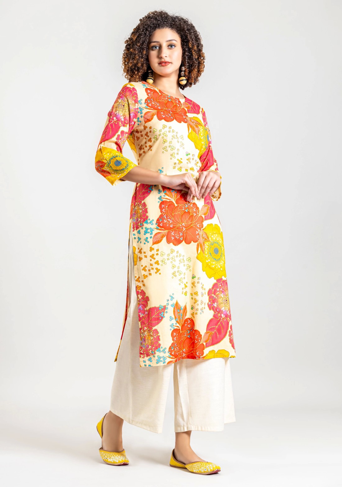 Multi Colour Big Floral Print Cotton Straight Kurta