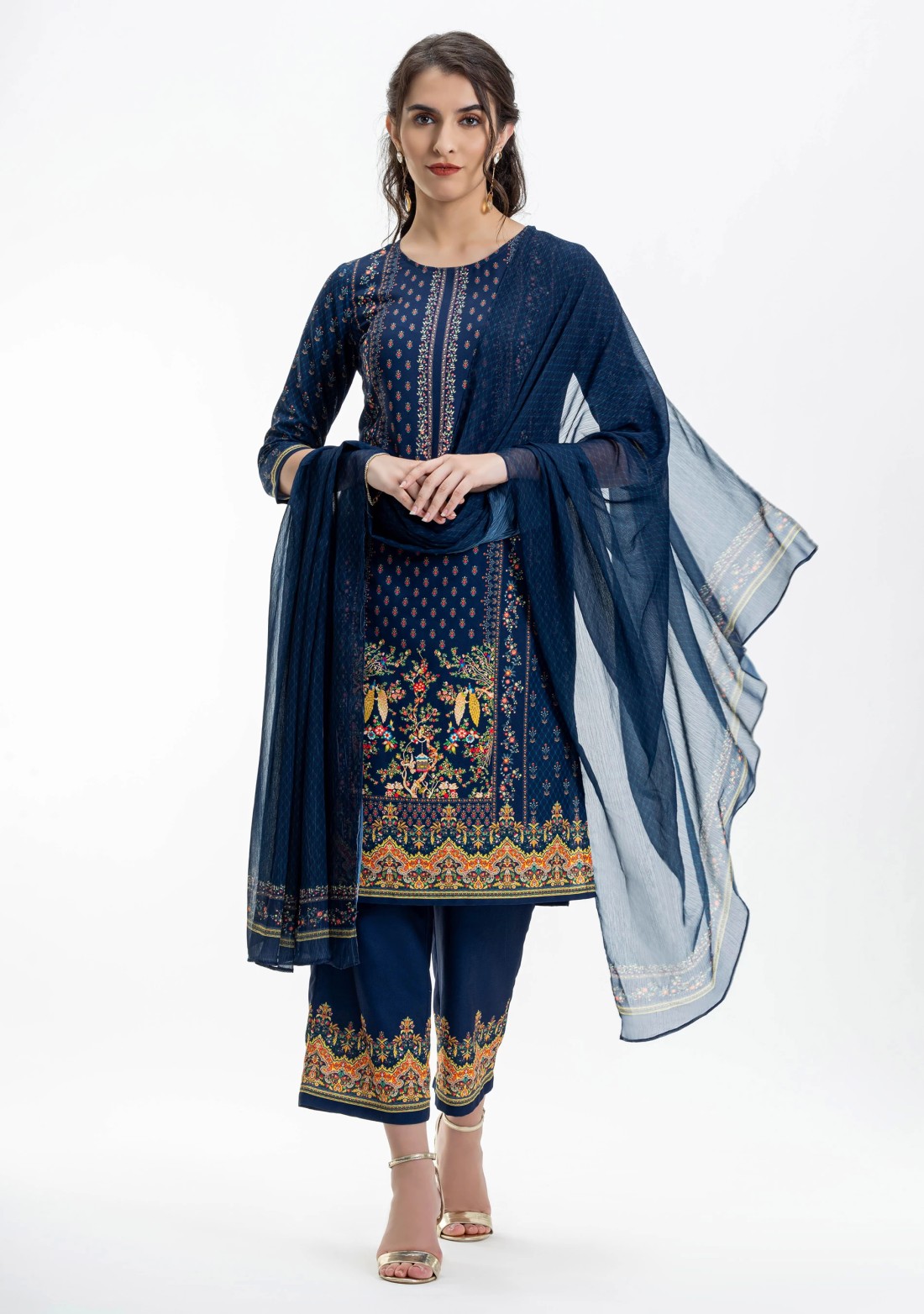 Blue Ethnic Print Straight Kurti with Pants and Dupatta Set