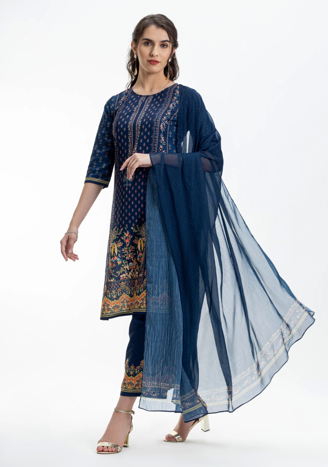 Blue Ethnic Print Straight Kurti with Pants and Dupatta Set