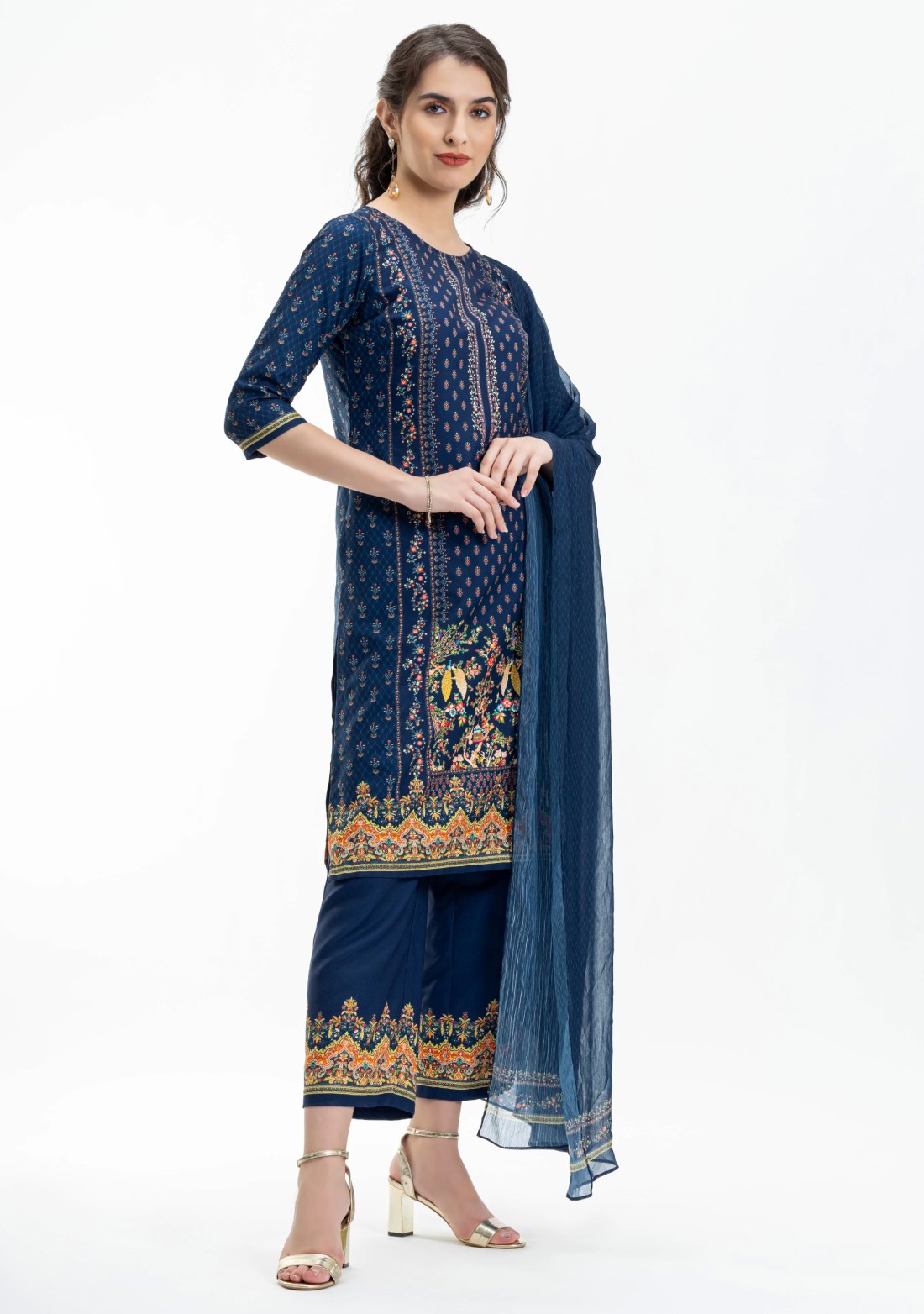 Blue Ethnic Print Straight Kurti with Pants and Dupatta Set