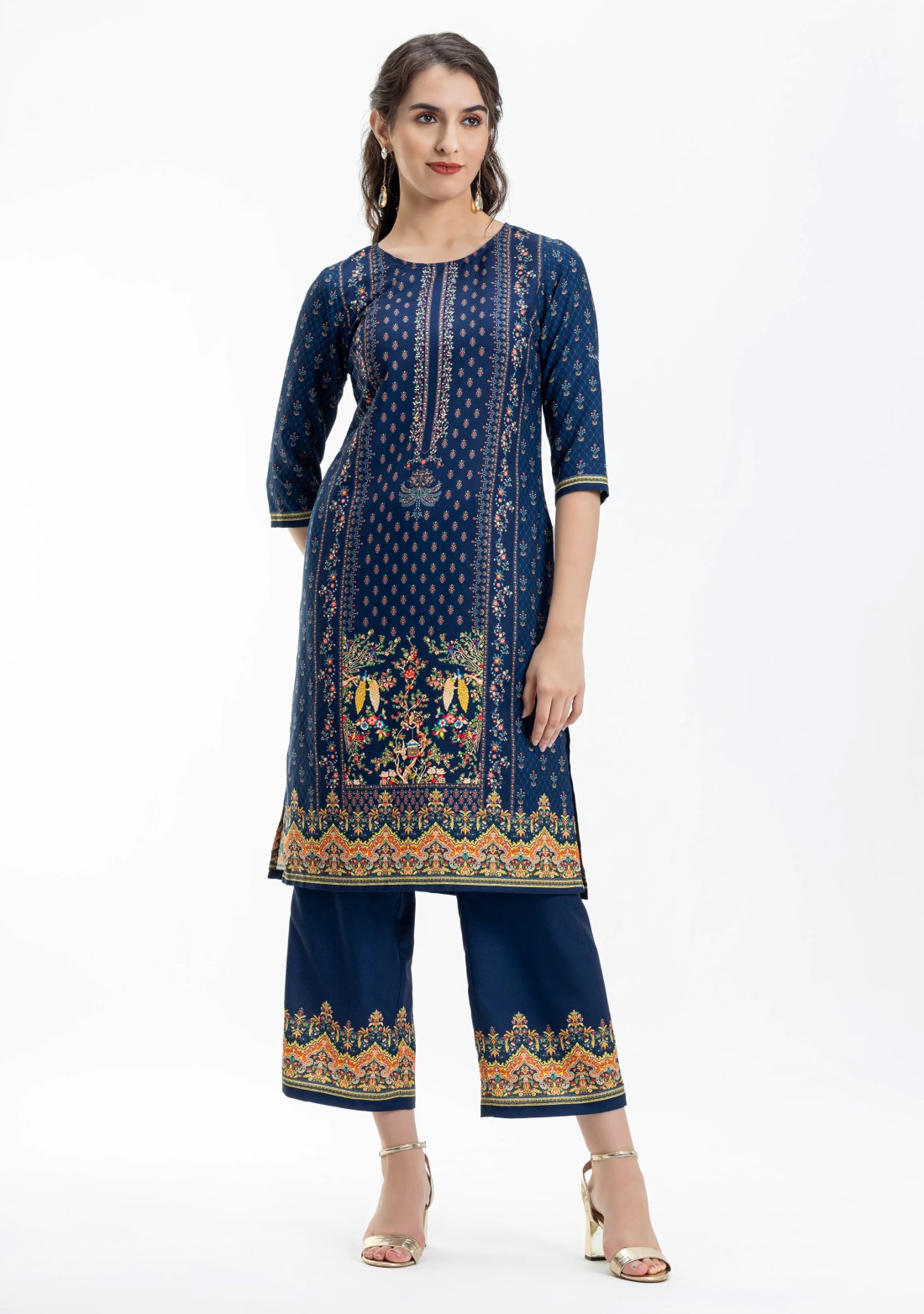 Blue Ethnic Print Straight Kurti with Pants and Dupatta Set