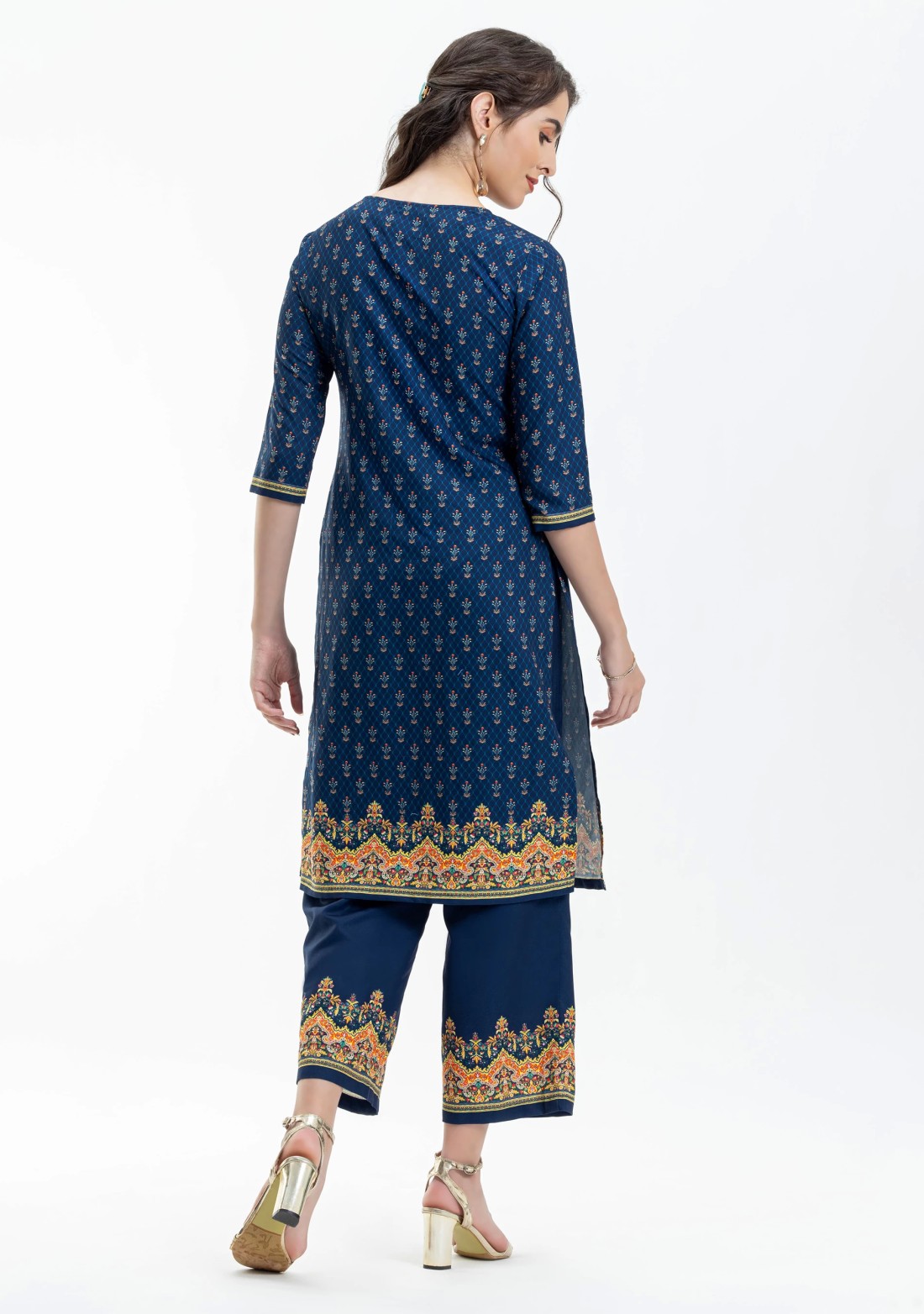 Blue Ethnic Print Straight Kurti with Pants and Dupatta Set