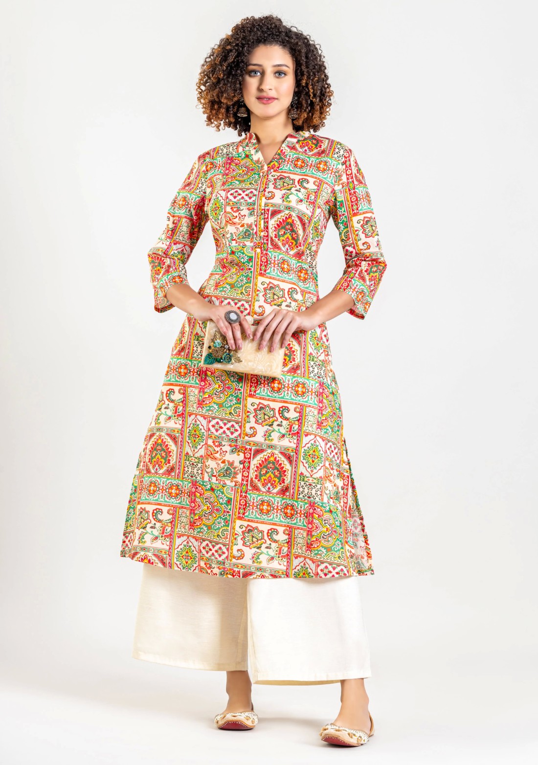 Multi Colour Ethnic Patch Print Cotton Straight Kurta