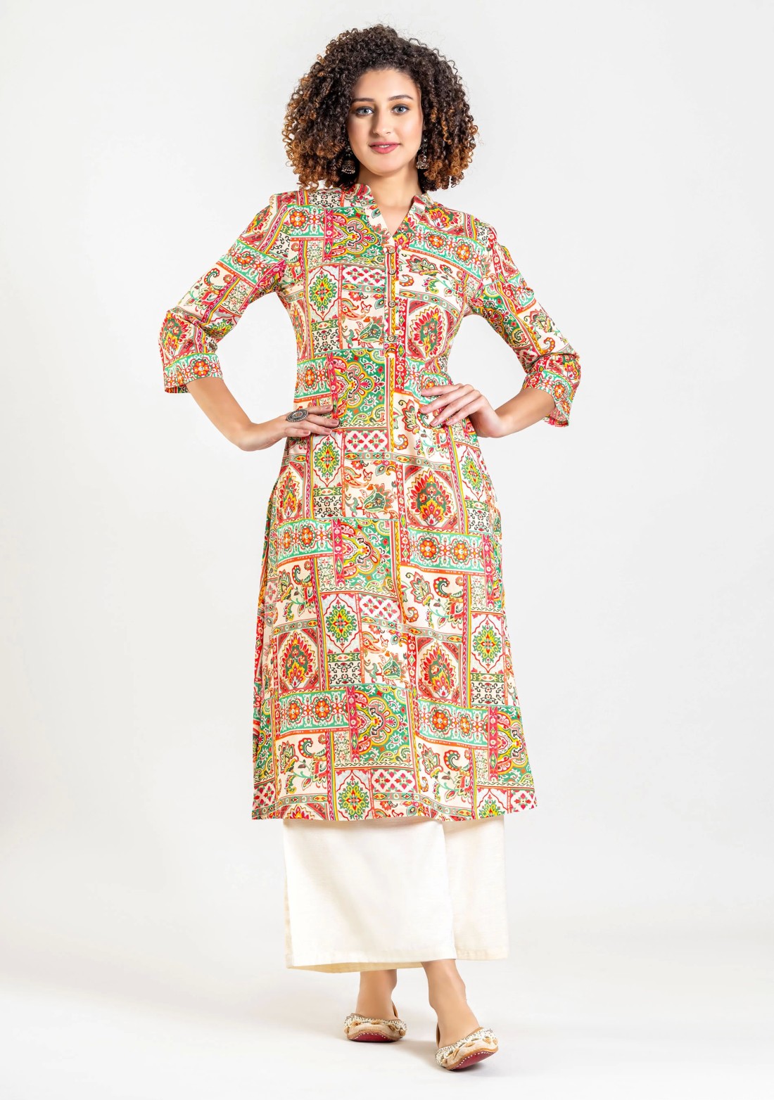 Multi Colour Ethnic Patch Print Cotton Straight Kurta