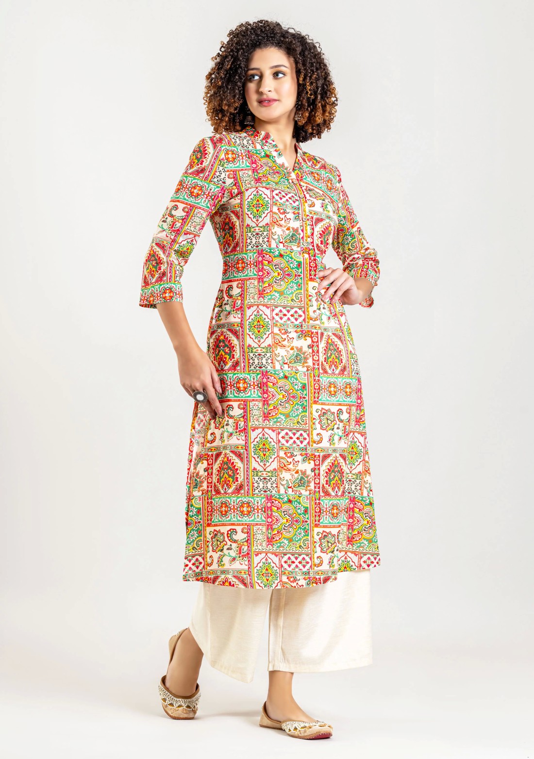 Multi Colour Ethnic Patch Print Cotton Straight Kurta