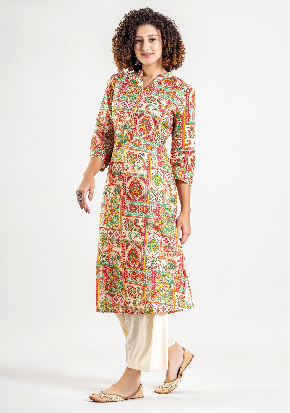 Multi Colour Ethnic Patch Print Cotton Straight Kurta