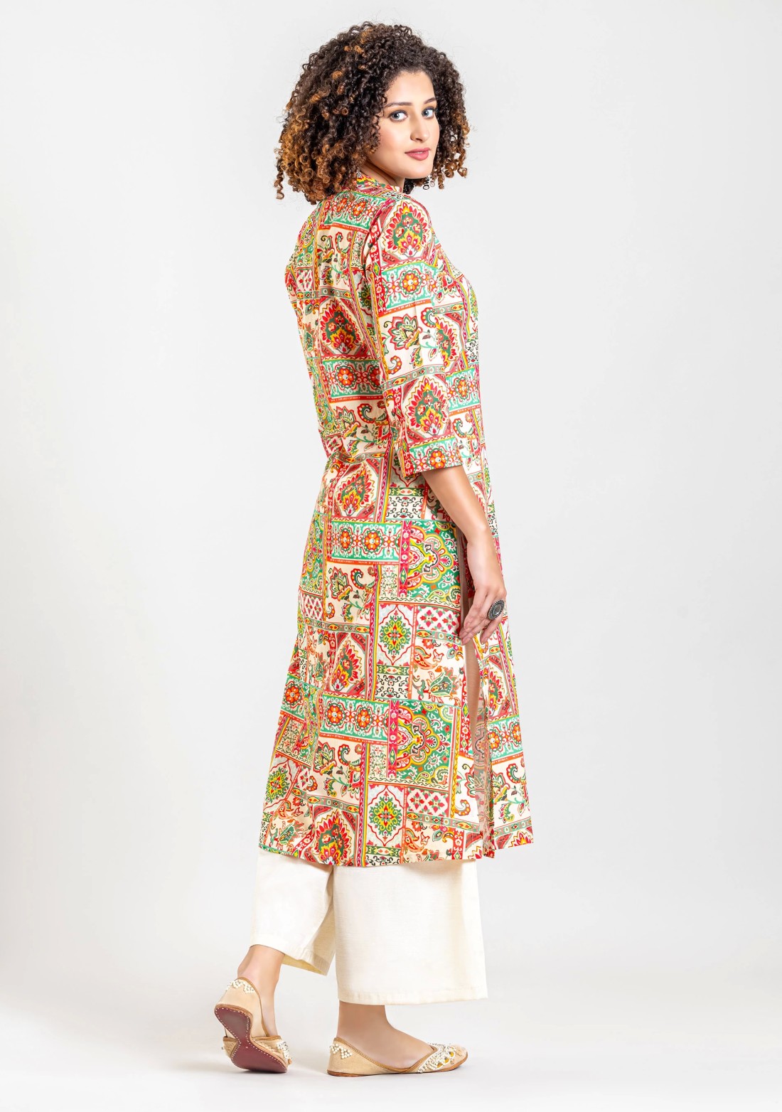 Multi Colour Ethnic Patch Print Cotton Straight Kurta