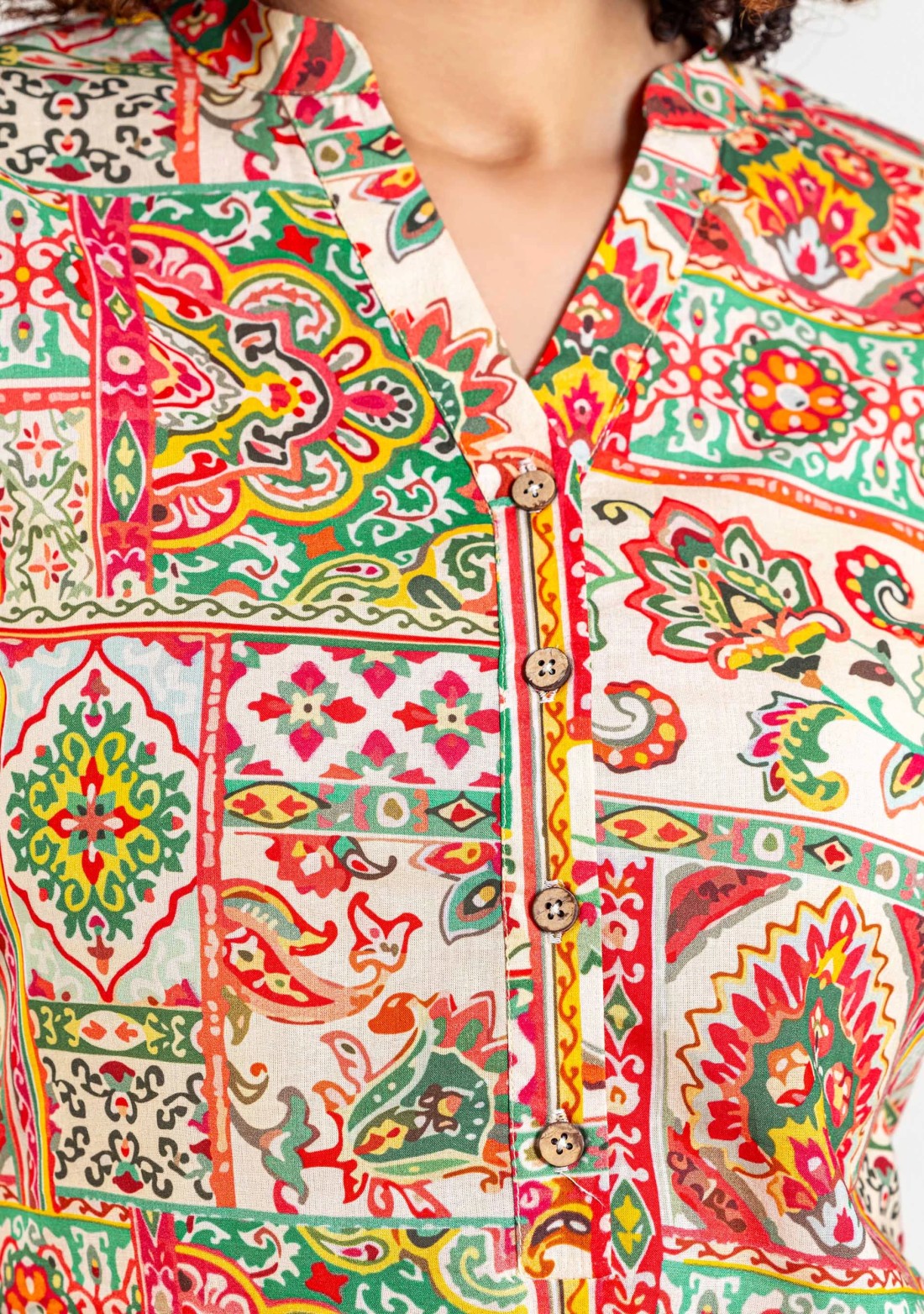 Multi Colour Ethnic Patch Print Cotton Straight Kurta