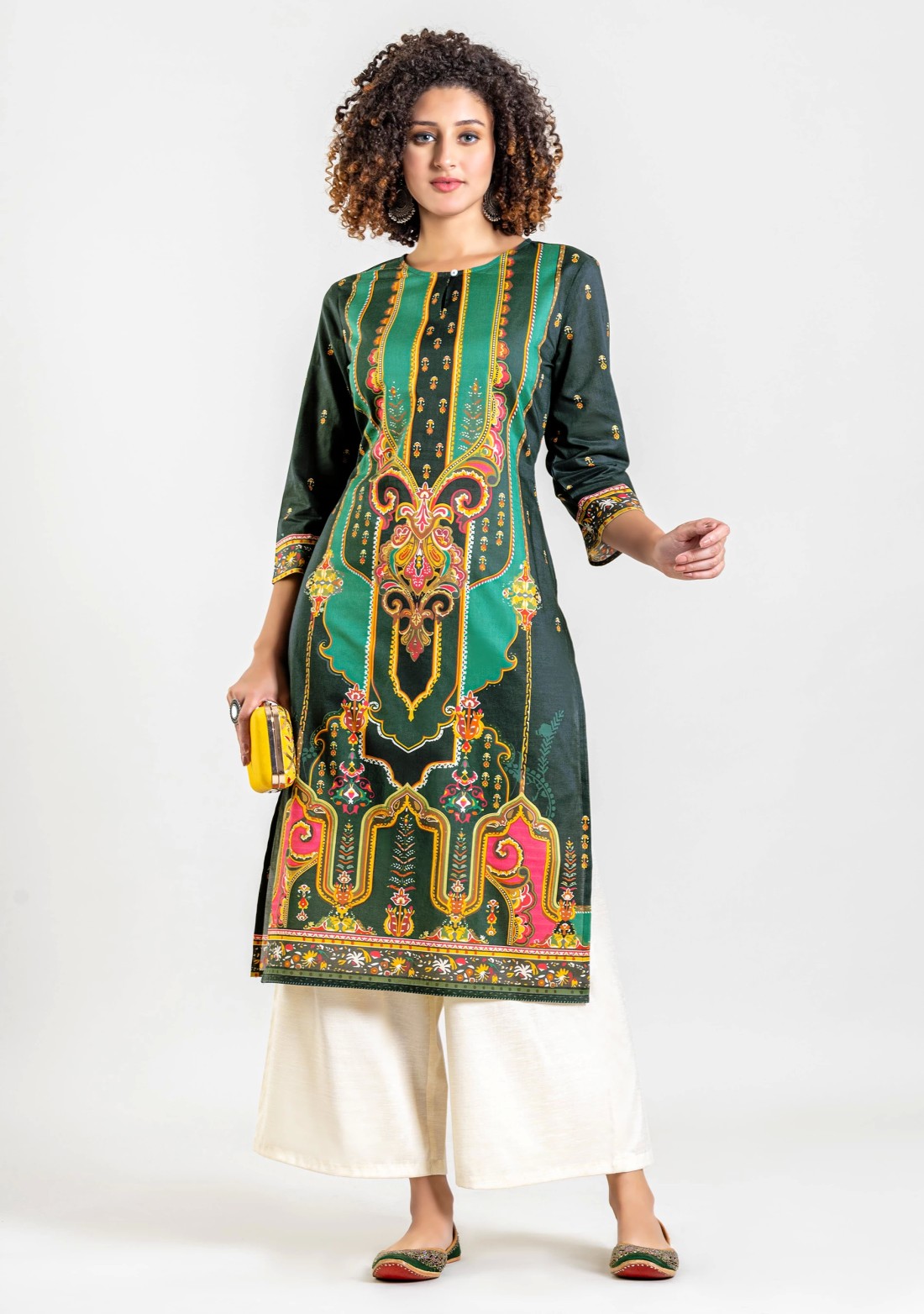 Dark Green Ethnic Print Cotton Straight Kurta