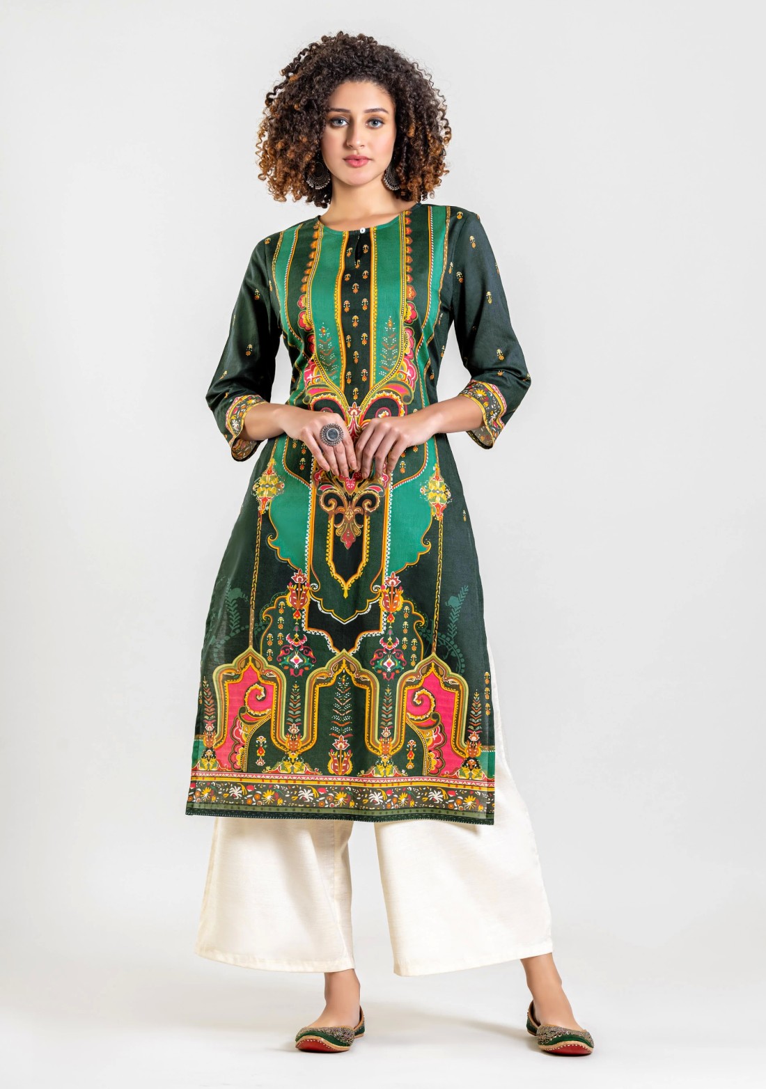 Dark Green Ethnic Print Cotton Straight Kurta