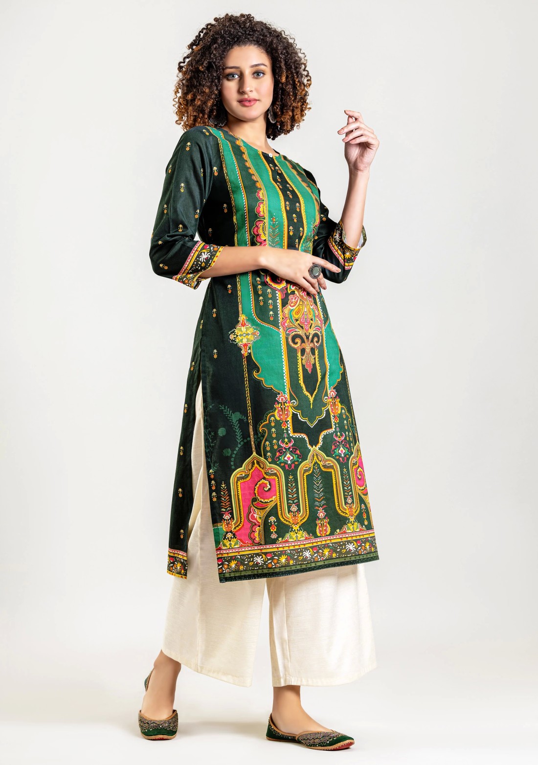 Dark Green Ethnic Print Cotton Straight Kurta