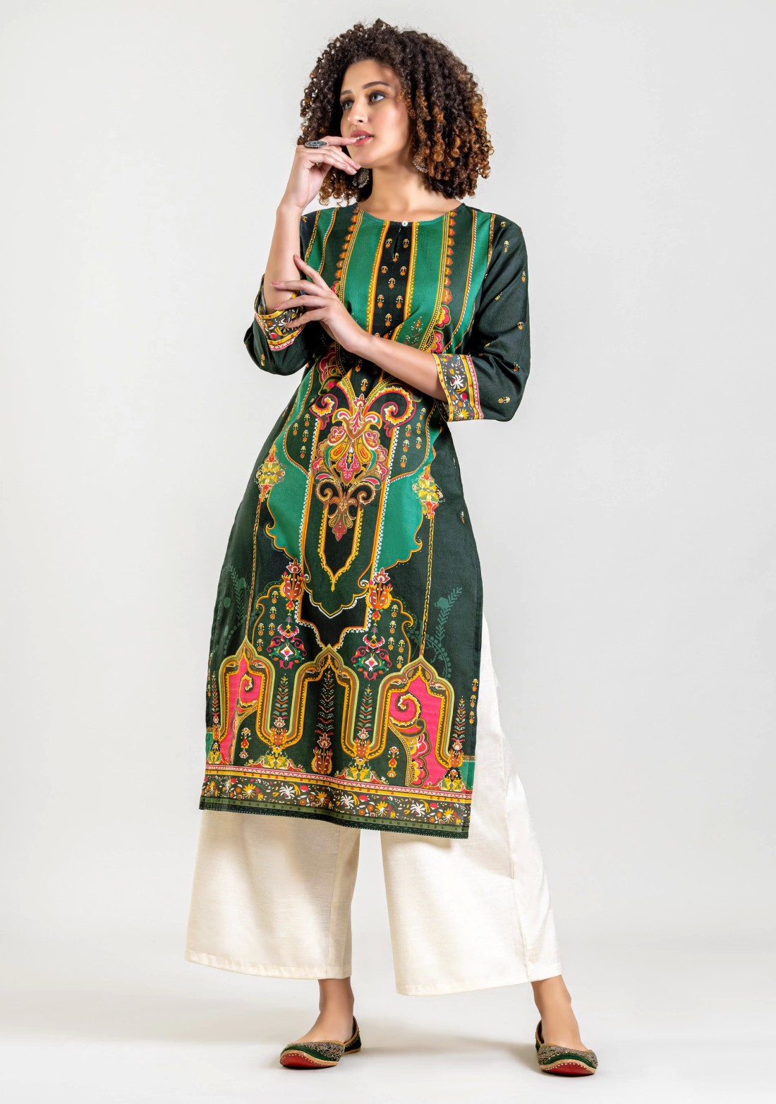 Dark Green Ethnic Print Cotton Straight Kurta