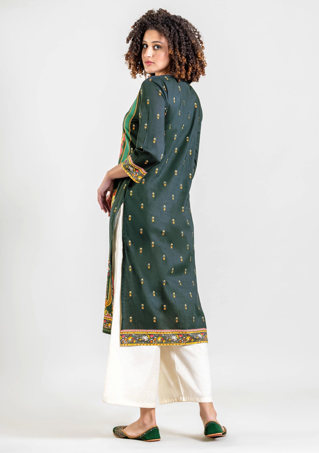 Dark Green Ethnic Print Cotton Straight Kurta