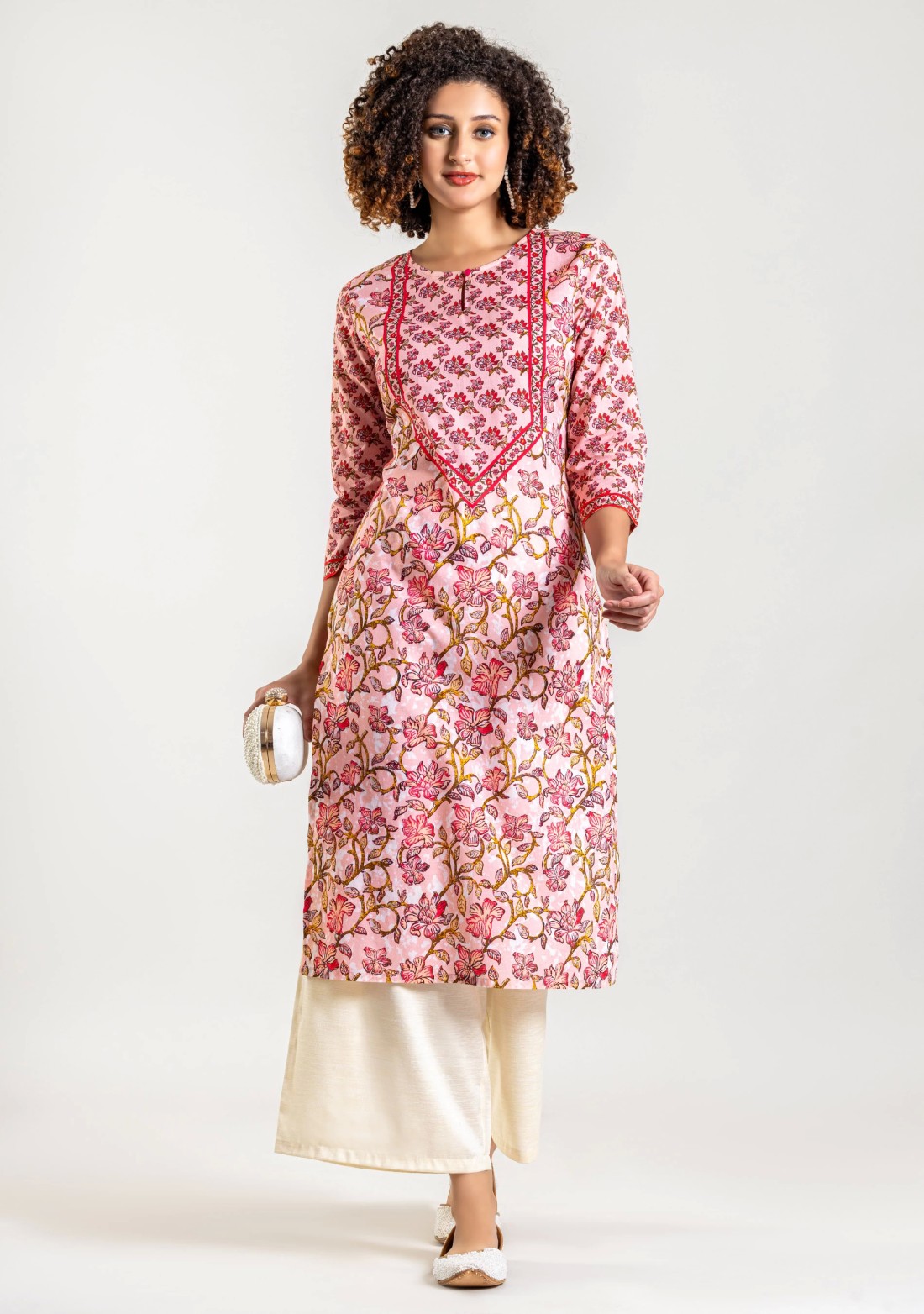 Soft Pink Ethnic Floral Print Cotton Straight Kurta